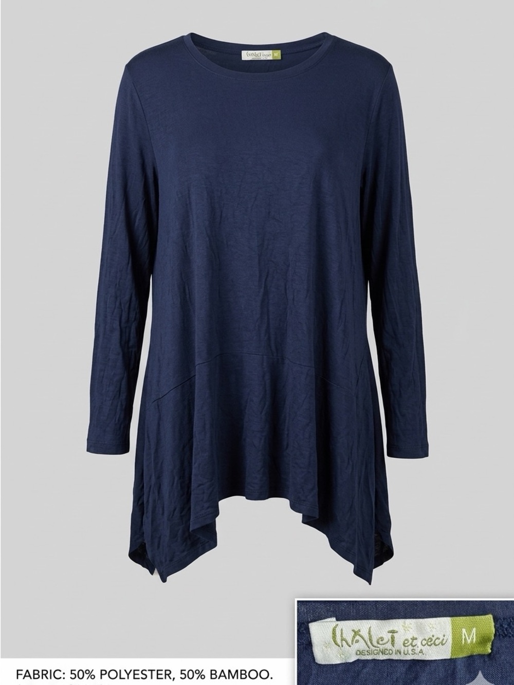 Chalet et Ceci Navy Blue Bamboo Lagenlook Asymmetrical Tunic Top - Size M